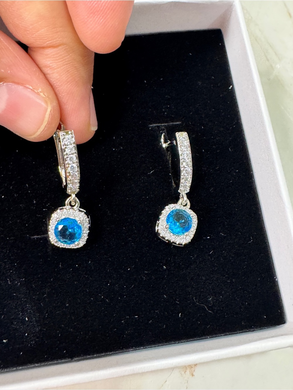Blue Topaz and Moissanite Blue Crystal Halo Drop Earrings - Picture 10 of 12